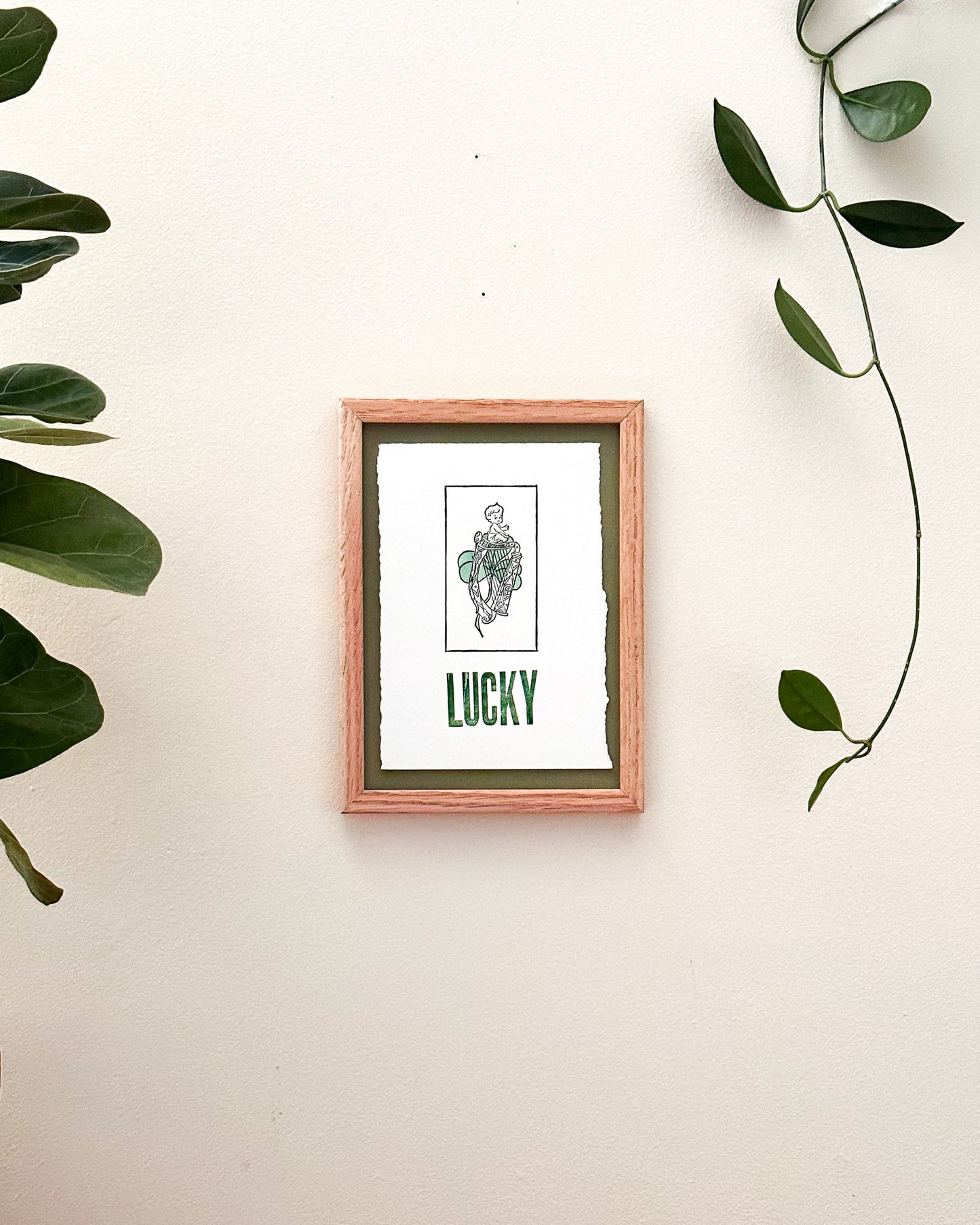 Lucky 4x6 Deckled Edge Letterpress Print with Hand Watercolored Clover