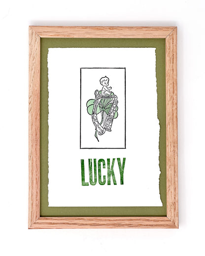 Lucky 4x6 Deckled Edge Letterpress Print with Hand Watercolored Clover