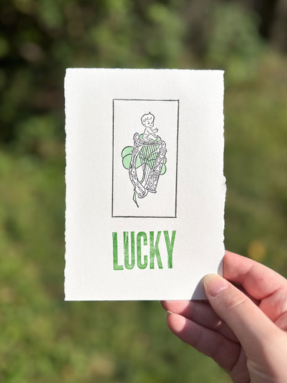 Lucky 4x6 Deckled Edge Letterpress Print with Hand Watercolored Clover